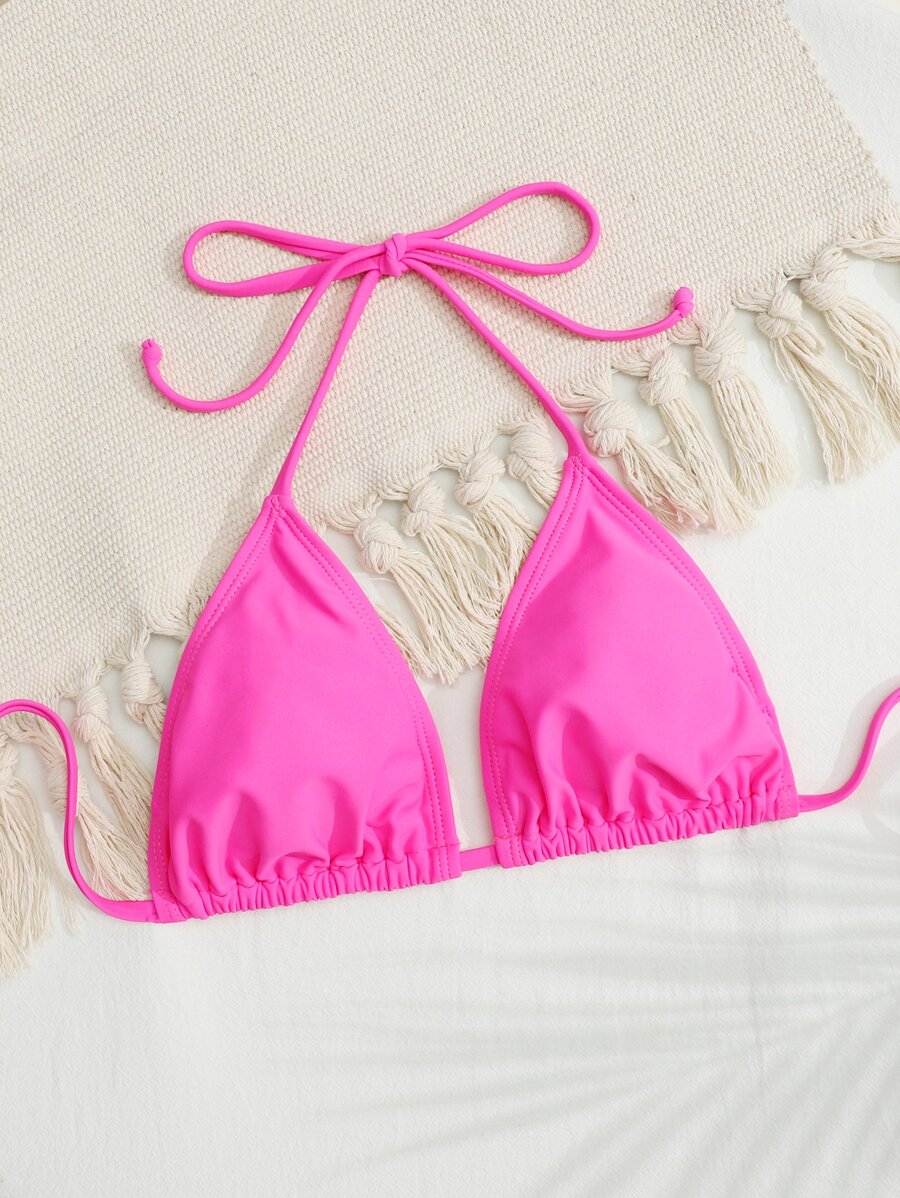 Neon Pink Tie Back Triangle Bikini Top - Hot Pink - View 1