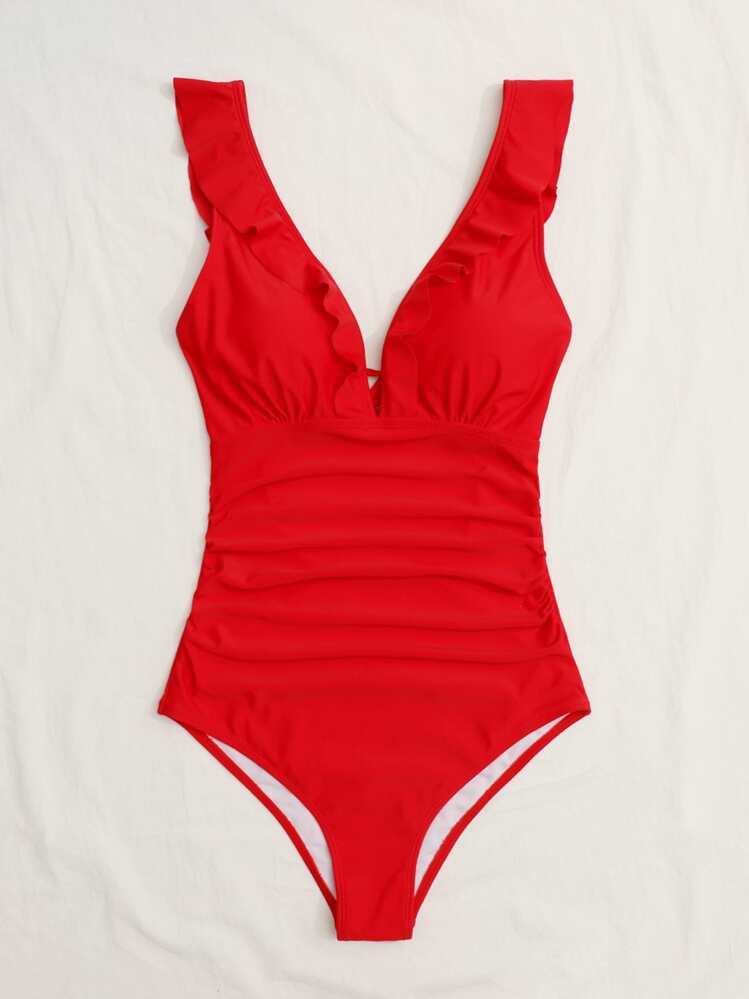 SHEIN Swim Summer Beach Ruffle Trim Cut Out Tie Back Ruched One Piece Swimsuit - Red - View 4