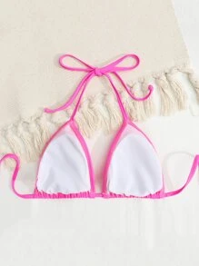 Neon Pink Tie Back Triangle Bikini Top - Hot Pink - View 2
