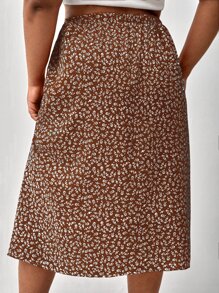 SHEIN Frenchy Plus Ditsy Floral Split Thigh Skirt - Coffee Brown - View 2