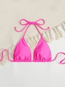 Neon Pink Tie Back Triangle Bikini Top - Hot Pink - View 4