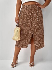 SHEIN Frenchy Plus Ditsy Floral Split Thigh Skirt - Coffee Brown - View 4