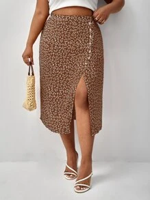 SHEIN Frenchy Plus Ditsy Floral Split Thigh Skirt - Coffee Brown - View 5