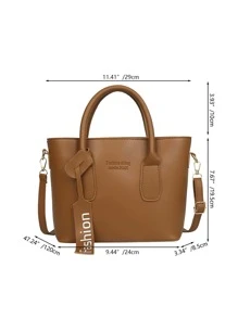 Letter Embossed Double Handle Square Bag With Bag Charm - Brown - View 5