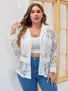 SHEIN Clasi 大碼單釦蕾絲西裝外套 - 白色 - 查看 1