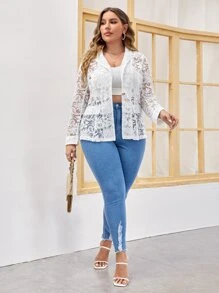 SHEIN Clasi 大碼單釦蕾絲西裝外套 - 白色 - 查看 3