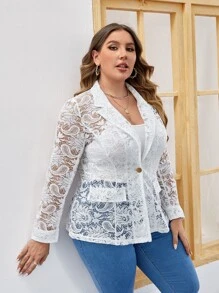 SHEIN Clasi 大碼單釦蕾絲西裝外套 - 白色 - 查看 4