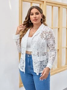SHEIN Clasi 大碼單釦蕾絲西裝外套 - 白色 - 查看 5