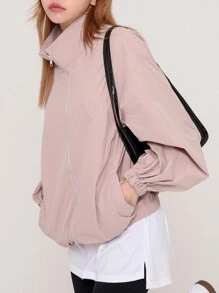 DAZY Letter Embroidery Bishop Sleeve Zip Up Jacket - Baby Pink - View 1