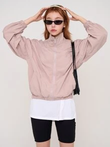 DAZY Letter Embroidery Bishop Sleeve Zip Up Jacket - Baby Pink - View 5