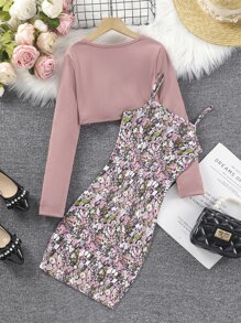 SHEIN Tween Girl High Low Hem Tee & Ditsy Floral Cami Dress