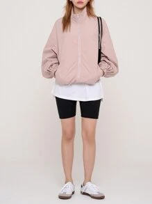 DAZY Letter Embroidery Bishop Sleeve Zip Up Jacket - Baby Pink - View 7
