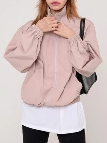 DAZY Letter Embroidery Bishop Sleeve Zip Up Jacket - Baby Pink - View 8