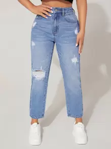 SHEIN PETITE Patch Detail Ripped Mom Fit Jeans - Light Wash - View 1