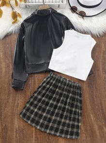 少女實色背心上衣和格紋印花裙子和pu夾克