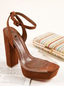 Women Clear Strap Peep Toe Chunky Heeled Ankle Strap Sandals, Fashion Summer Heeled Sandals - Brown - View 2