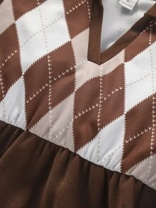 Girls Argyle Print Dress - Coffee Brown - View 5