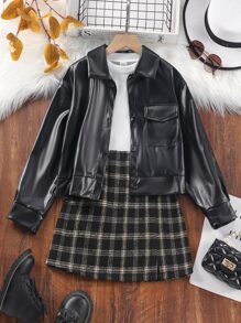 少女實色背心上衣和格紋印花裙子和pu夾克