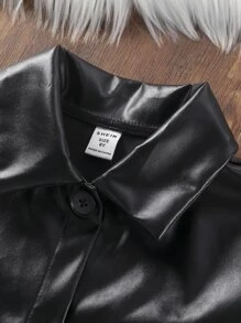 少女實色背心上衣和格紋印花裙子和pu夾克