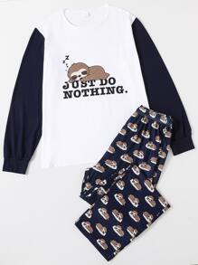 Men Cartoon & Slogan Graphic Sleep Top & Sleep Trousers - Blue and White - View 1