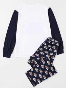 Men Cartoon & Slogan Graphic Sleep Top & Sleep Trousers - Blue and White - View 2