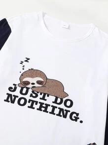 Men Cartoon & Slogan Graphic Sleep Top & Sleep Trousers - Blue and White - View 3