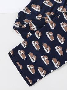 Men Cartoon & Slogan Graphic Sleep Top & Sleep Trousers - Blue and White - View 5