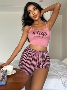 Eyelash & Letter Graphic Knot Front PJ Set / Pajama Set Holiday Season - Dusty Pink - View 3