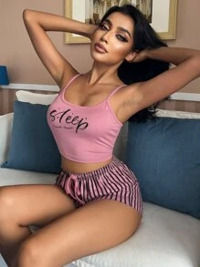 Eyelash & Letter Graphic Knot Front PJ Set / Pajama Set Holiday Season - Dusty Pink - View 4