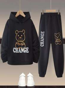 男孩卡通和字母圖案連帽衫和運動褲 - 黑色 - 查看 1
