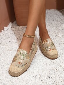 Floral Embroidered Espadrille Sole Canvas Flatform Loafers - Multicolor - View 1