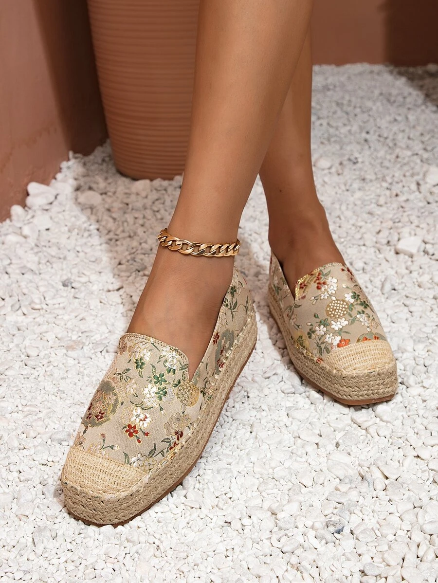 Floral Embroidered Espadrille Sole Canvas Flatform Loafers - Multicolor - View 1