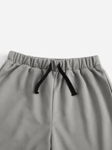 SHEIN Tween Boy Letter Graphic Tee & Drawstring Waist Shorts - Grey - View 3
