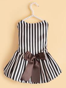1pc Striped Pattern Bow Decor Pet Dress - Black and White - View 1