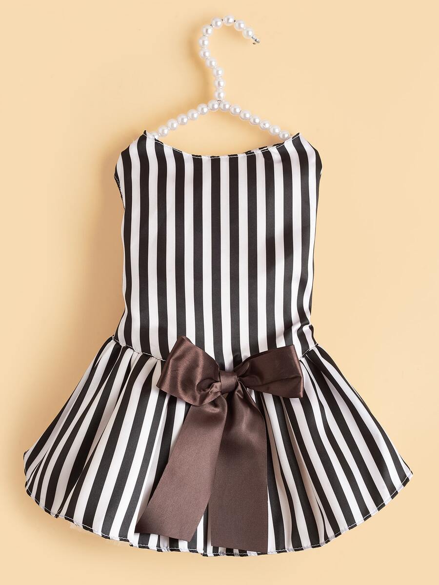 1pc Striped Pattern Bow Decor Pet Dress - Black and White - View 1