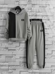 SHEIN 男孩補丁細節雙色連帽衫和運動褲 - 灰色 - 查看 1