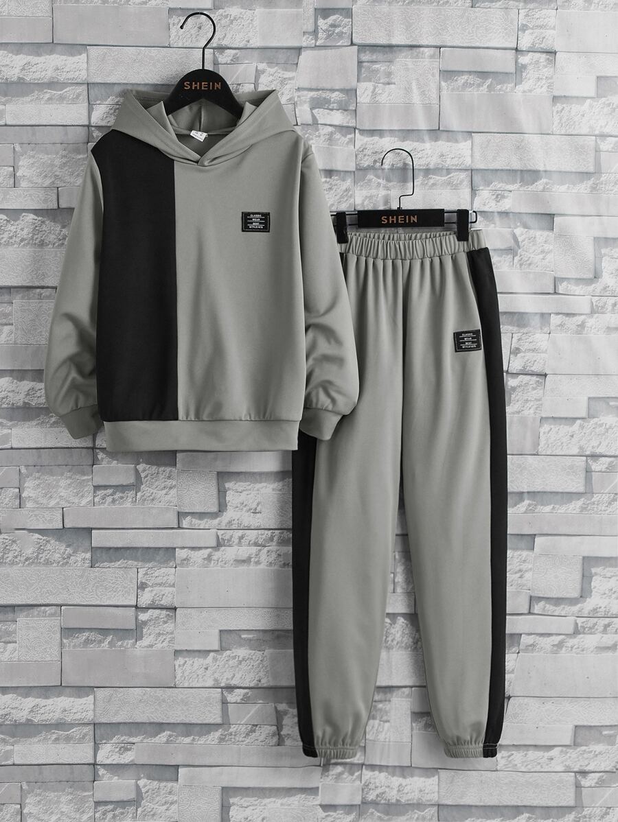 SHEIN 男孩補丁細節雙色連帽衫和運動褲 - 灰色 - 查看 1