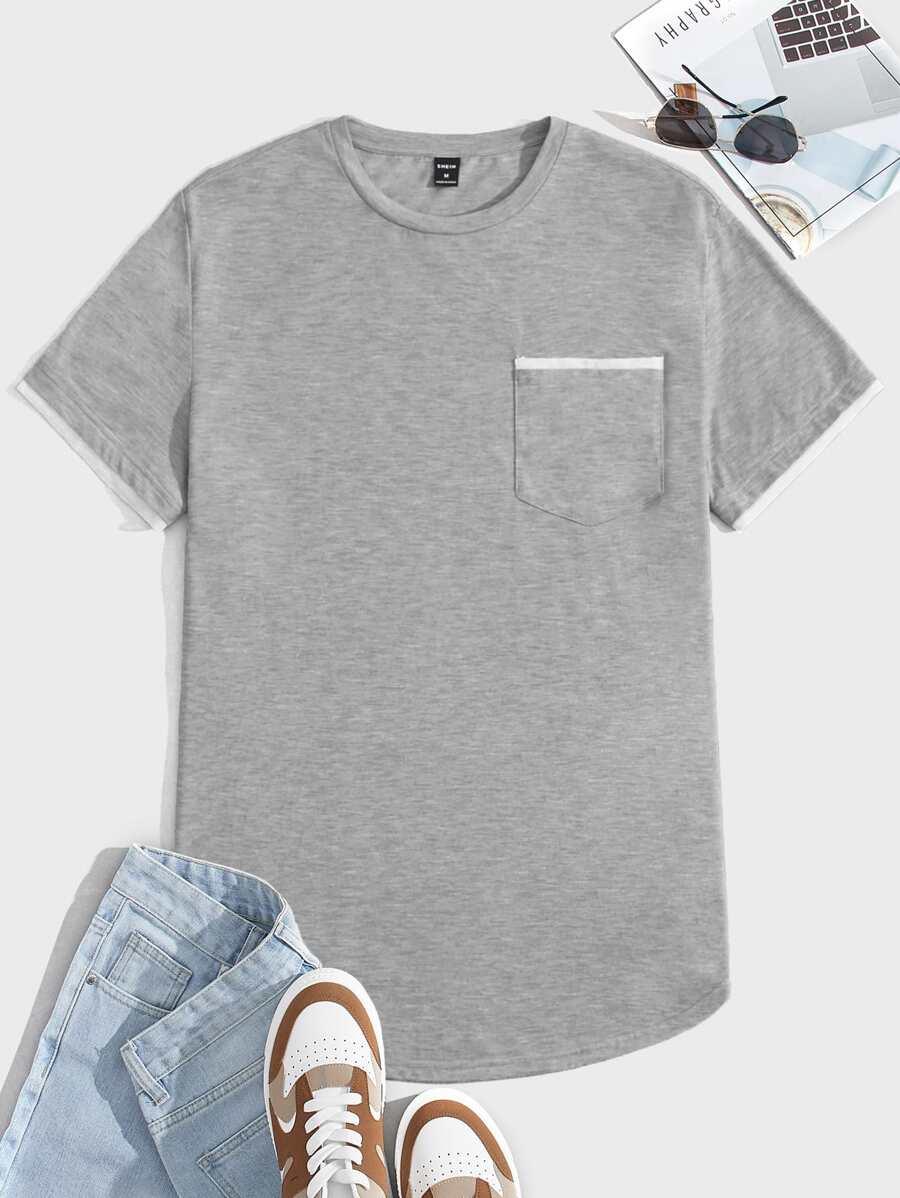 GENTILAND Men Pocket Front Curved Hem Tee - Light Grey - View 1