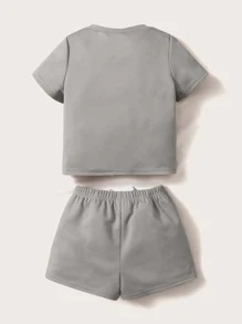 SHEIN Đứa bé trai Chi tiết Patched thư Áo thun & Tie Trước Quần short - Xám - Xem 2