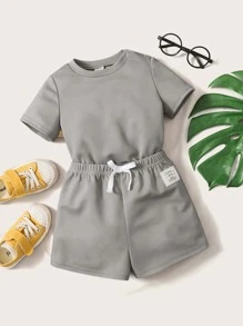 SHEIN Đứa bé trai Chi tiết Patched thư Áo thun & Tie Trước Quần short - Xám - Xem 3
