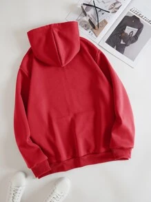 SHEIN EZwear 拉鏈開襟加絨內裏抽繩連帽衫 - 紅色 - 查看 2