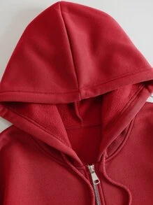SHEIN EZwear 拉鏈開襟加絨內裏抽繩連帽衫 - 紅色 - 查看 3