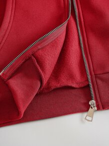 SHEIN EZwear 拉鏈開襟加絨內裏抽繩連帽衫 - 紅色 - 查看 5