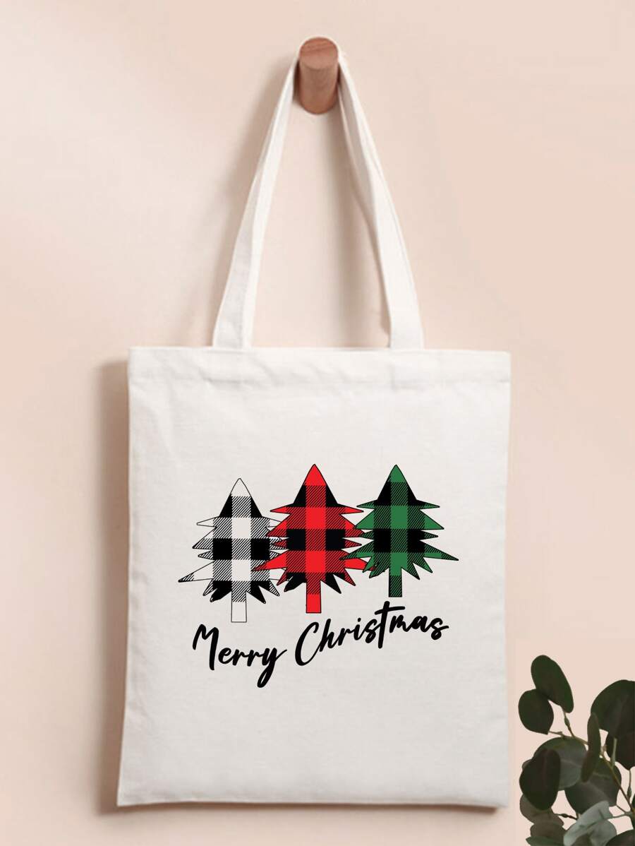 Bolsa De Compras Con Patrón De Árbol De Navidad Impreso - Multicolor - Ver 1