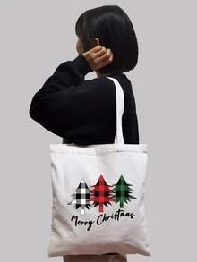 Bolsa De Compras Con Patrón De Árbol De Navidad Impreso - Multicolor - Ver 2