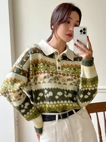 DAZY Áo len cổ tròn họa tiết Geo vai trễ vai mùa đông - Nhiều màu - Xem 1