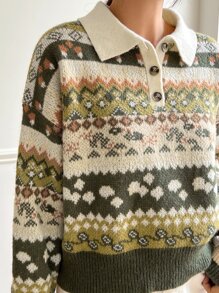 DAZY Áo len cổ tròn họa tiết Geo vai trễ vai mùa đông - Nhiều màu - Xem 3