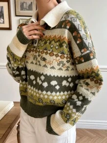 DAZY Áo len cổ tròn họa tiết Geo vai trễ vai mùa đông - Nhiều màu - Xem 4