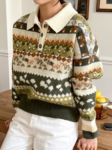 DAZY Áo len cổ tròn họa tiết Geo vai trễ vai mùa đông - Nhiều màu - Xem 6