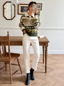 DAZY Áo len cổ tròn họa tiết Geo vai trễ vai mùa đông - Nhiều màu - Xem 7